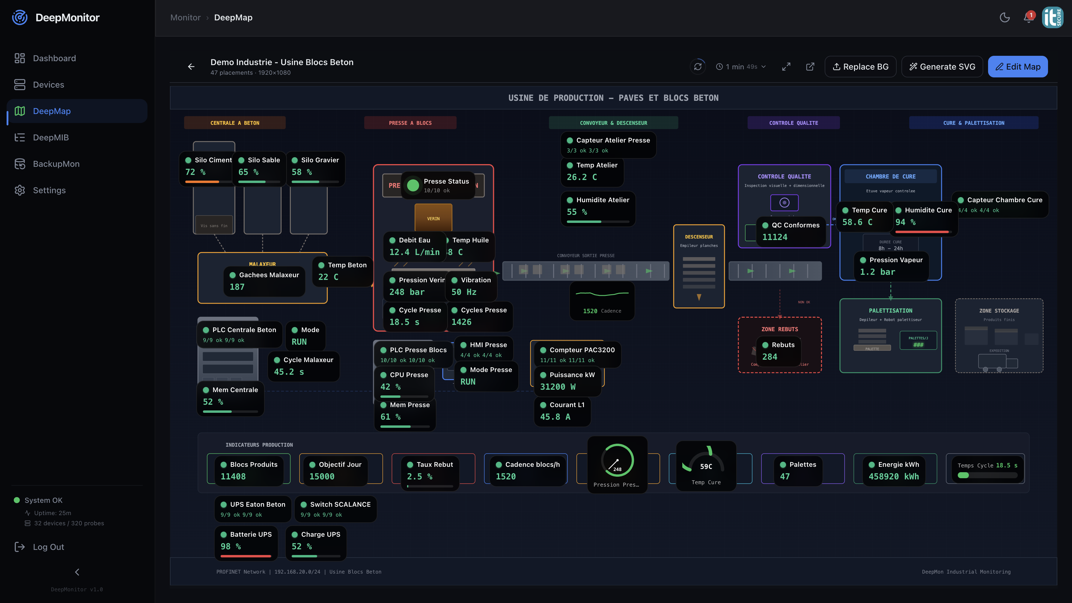 DeepMonitor DeepMap — Interactive monitoring map with real-time infrastructure topology